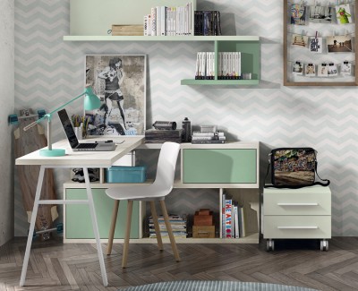 Desk with shelves and drawer unit on casters