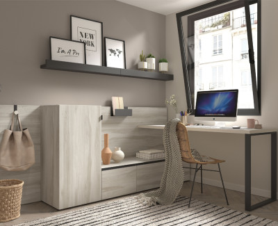 Desk with storage unit, drawers and magazine shelves