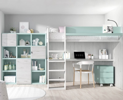 Bedroom with loft bed with desk and shelving unit