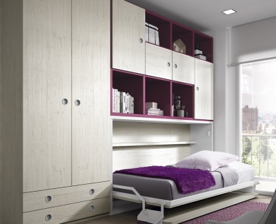 Children's bedroom comprised of wall bed, wardrobe and shelves