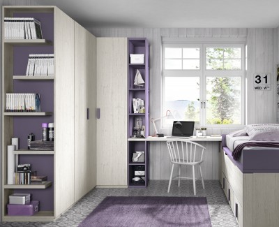 Children's bedroom comprised of storage bed, Corner wardrobe, desk and shelves