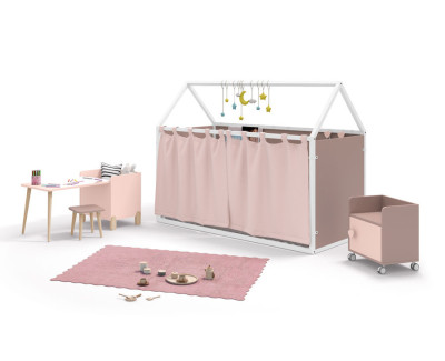 Children's bedroom set comprising a panelled house bed with curtains and desk