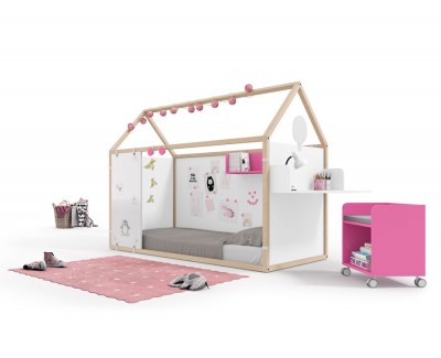 Children's bedroom set comprising a panelled house bed with desk and shelves