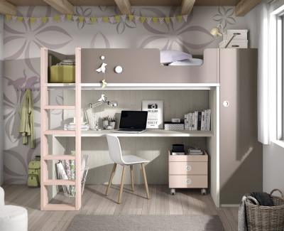 Children's bedroom comprised of bunk bed, wardrobe and desk