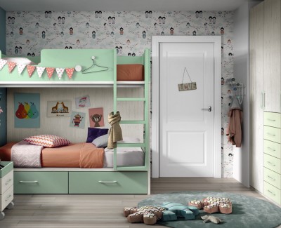 Children's bedroom comprised of bunk bed and wardrobe with hinged doors 