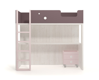 Set comprised of high bed with desk and two drawers on casters