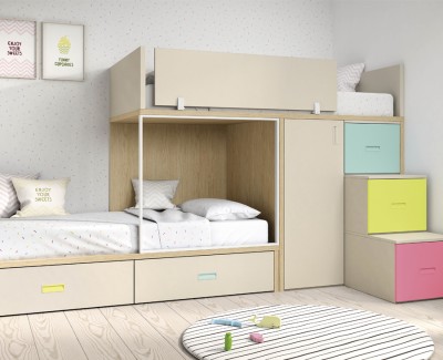 Bunk bed with 2 drawers, wardrobe with 1 door and stairs with 3 steps-drawers
