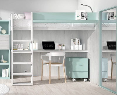 Bedroom with loft bed with desk and shelving unit