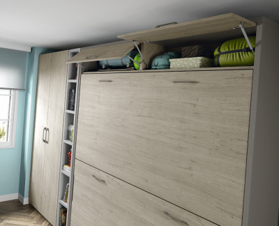 Children's bedroom comprised of folding bunk, wardrobe, shelves and desk