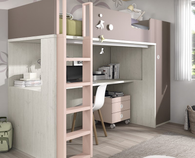 Children's bedroom comprised of bunk bed, wardrobe and desk