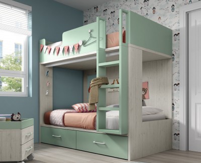 Children's bedroom comprised of bunk bed and wardrobe with hinged doors 