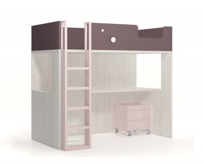 Set comprised of high bed with desk and two drawers on casters