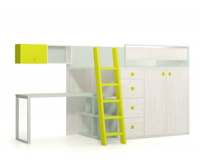 Set comprised of high bed with desk and 4 drawers