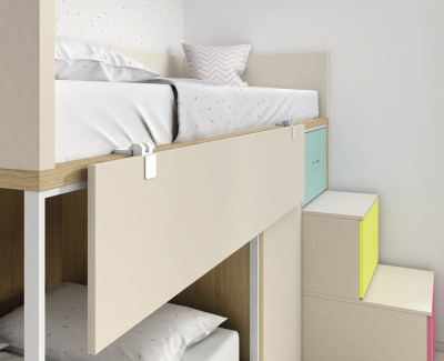 Bunk bed with 2 drawers, wardrobe with 1 door and stairs with 3 steps-drawers