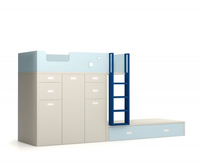 Set comprised of bunk bed, two desks and pull-out shelving unit 