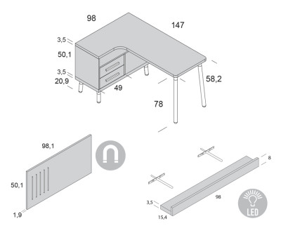 L-shaped desk with 2 drawers