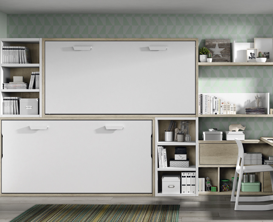 Children's bedroom comprised of folding bunk, desk and shelves