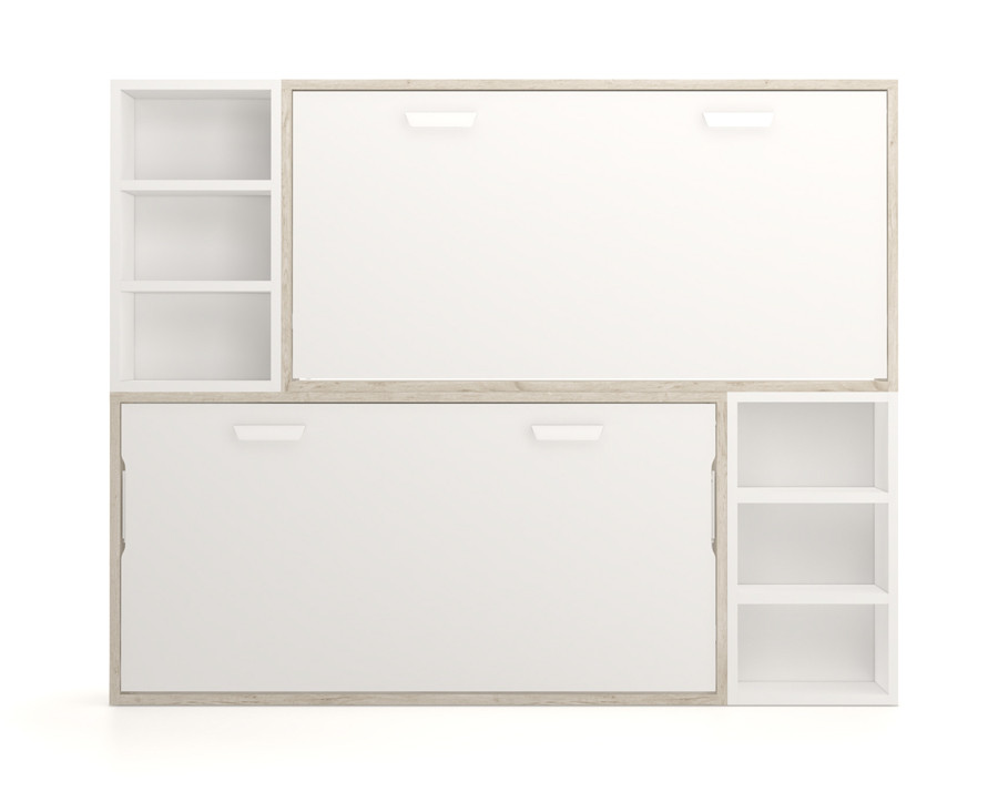 Children's bedroom comprised of folding bunk, desk and shelves