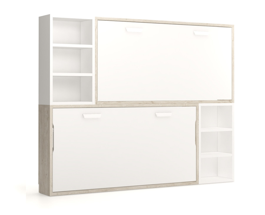 Children's bedroom comprised of folding bunk, desk and shelves